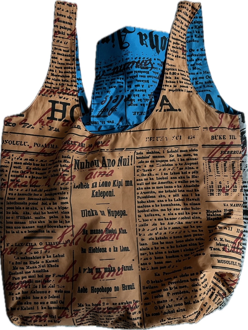 Kauluae Reversible Nupepa Print Tote Bag - Blue pocket attached